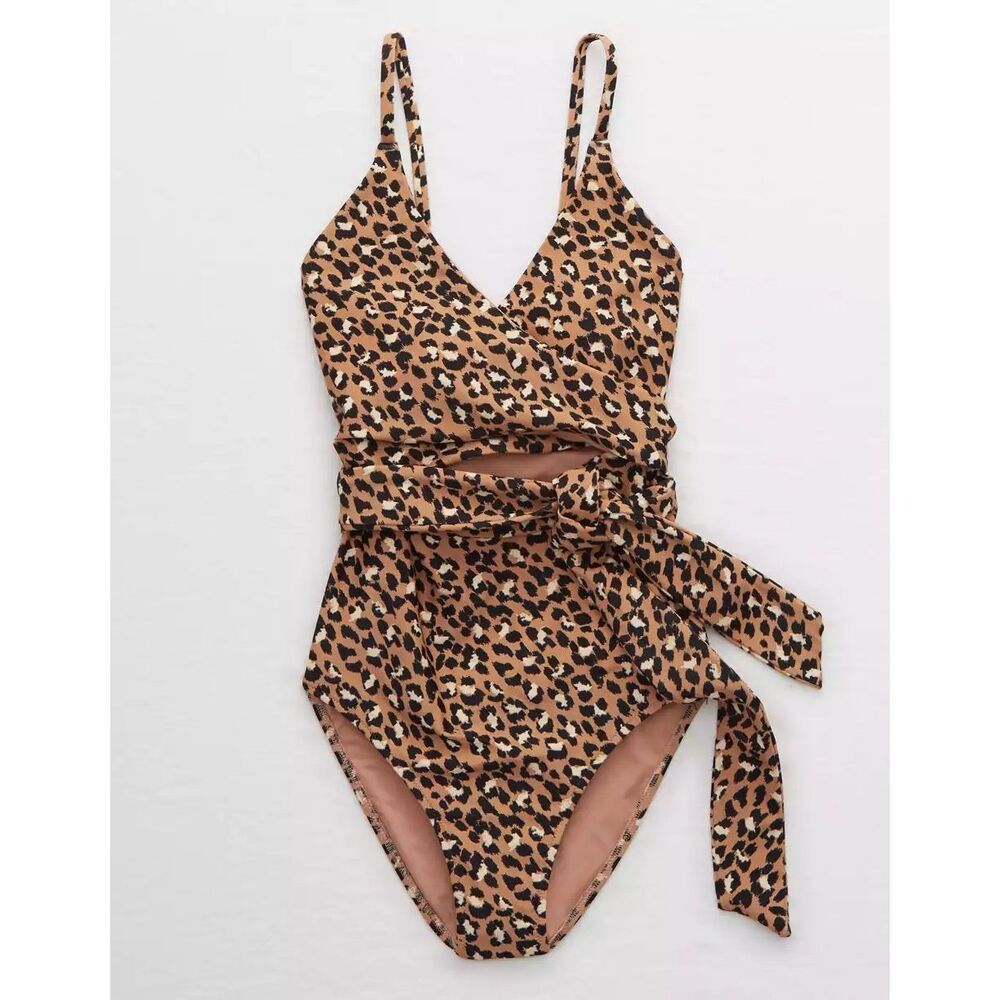 Aerie Swimsuit Leopard Wrap One Piece Tan size XL Long Tall